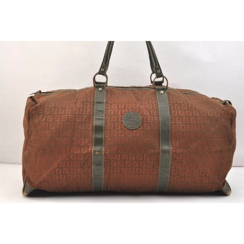 Authentic FENDI Vintage Zucchino Travel Boston Bag Canvas Leather Brown